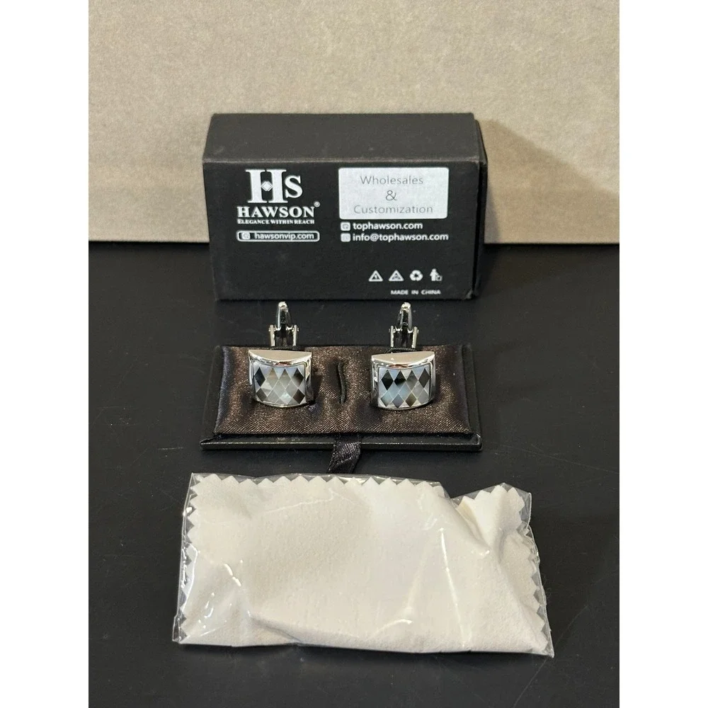 Hawson Mens Silver Tone Mother of Pearl Harlequin Diamond Inlay Cufflinks Boxed
